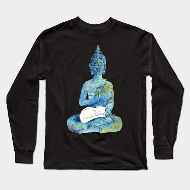 Watercolor Meditating Zen Buddha Statue with Sleepy Cat Long Sleeve T-Shirt by venglehart